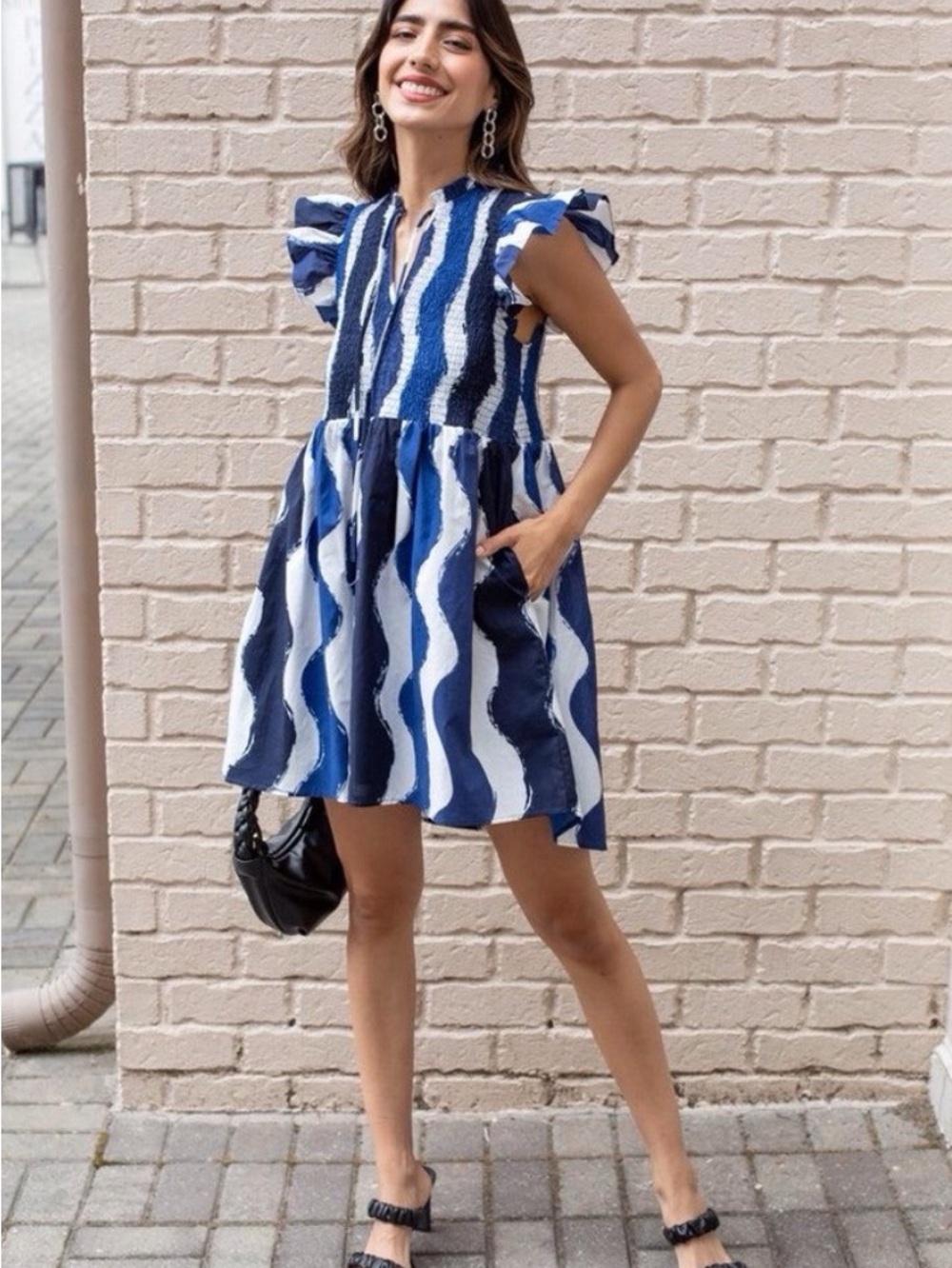 En Saison Dion Mini Dress Blue White Smocked Ruffle Sleeve Cottagecore S